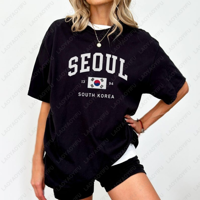 Street Fashion Of Seoul - ソウル韓国旗ユニセックス Tシャツヴィンテージクラシックファッションストリートトップス男性女性高品質綿ストリートファッション Tシャツ