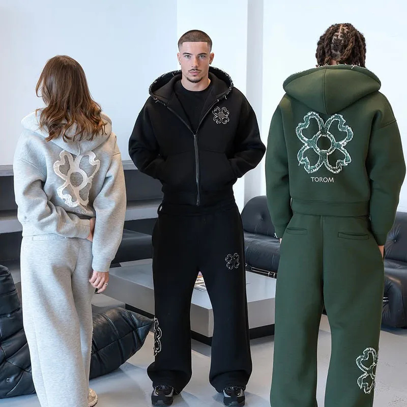 Street Fashion Male - 春秋オーバーサイズ四つ葉のクローバーアップリケジップアップフーディートラックスーツセットメンズY2Kストリートウェアフリーススウェットパンツ2ピースアウトフィット