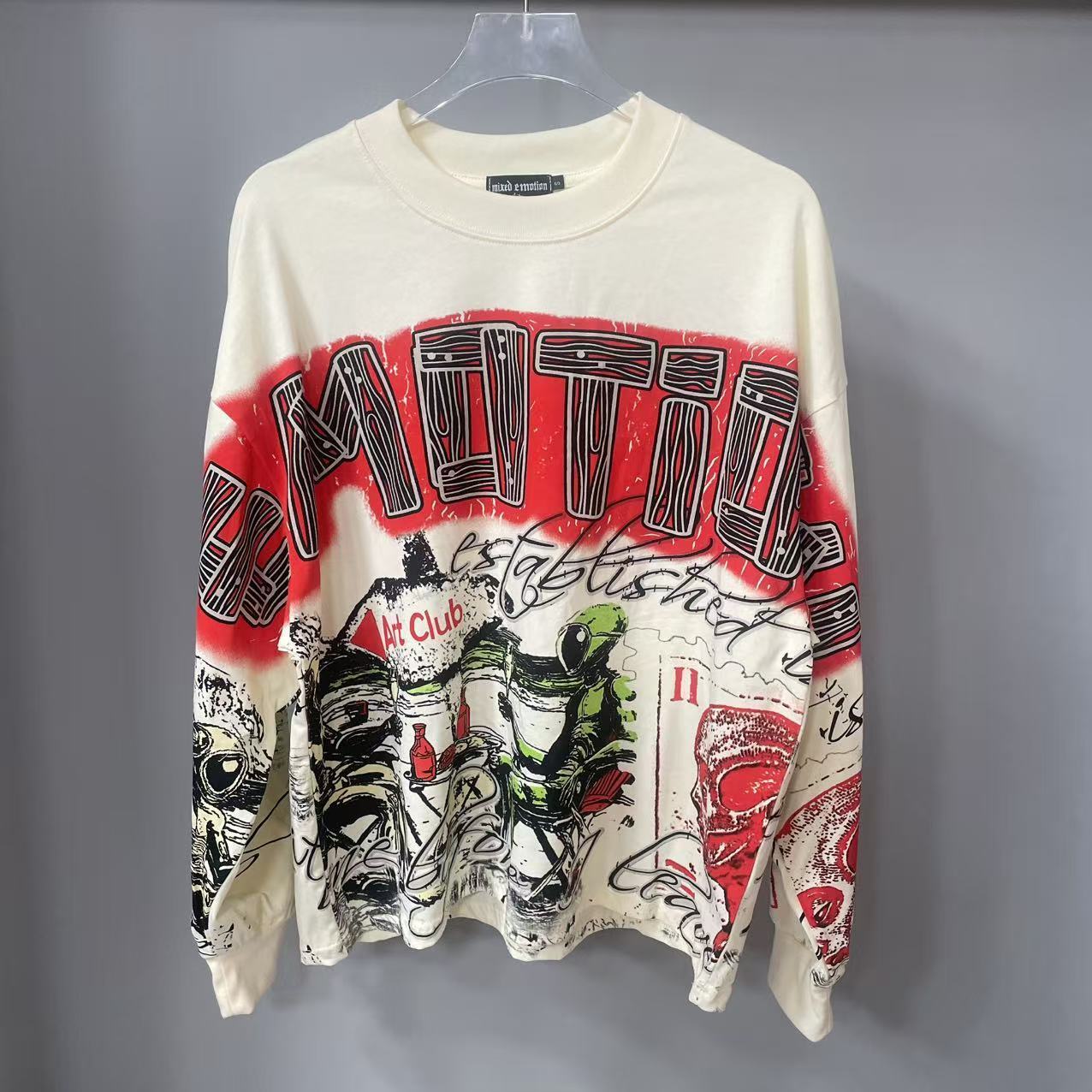 Street Fashion Clothes - 高品質デザイナー MIXED-EMOTION 長袖Tシャツ 100%コットン メンズ＆レディース ヴィンテージプリント＆ホットフィックスラインストーン