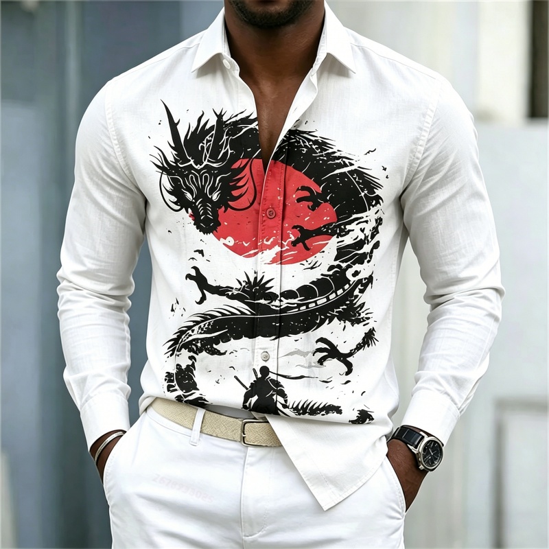 Street Fashion Male - 2026年新作 メンズシャツ 白黒赤のコントラスト ドラゴン柄シャツ ストリートスタイル ファッション