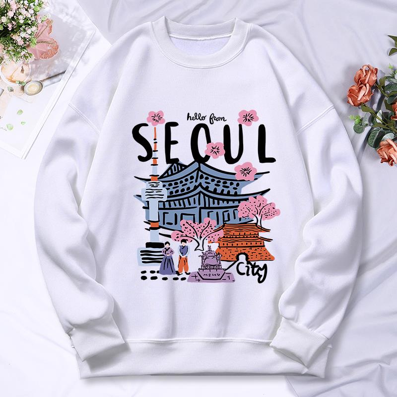 Street Fashion Of Seoul - ソウル美しい風景印刷レディースフード付き秋カジュアル暖かいパーカーファッションソフトパーカーストリート多用途女性プルオーバー