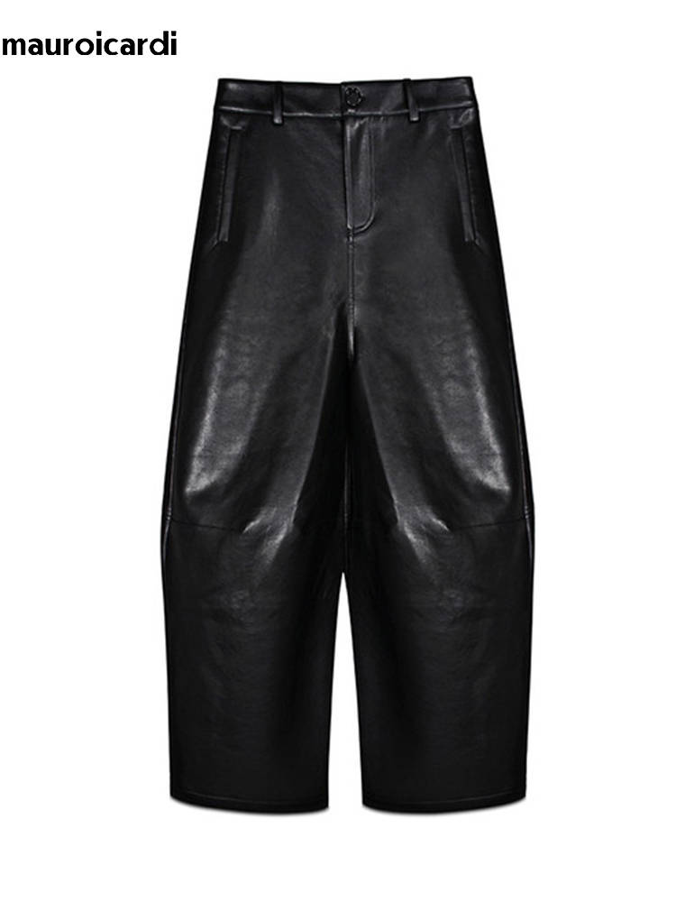 Street Fashion Baggy - Mauroicardi 春秋クールロングだぶだぶの黒 Pu レザーワイドレッグパンツ男性用ローウエスト高級デザイナーストリート服
