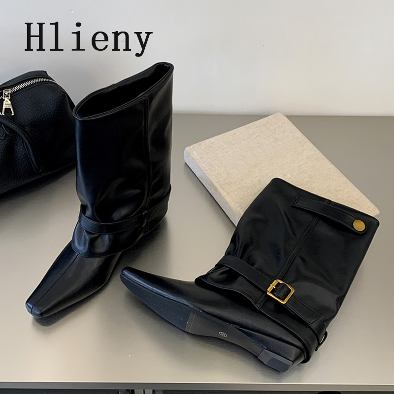 Street Fashion Female - Hlieny ファッションデザイナー アンクルブーツ レディース ポインテッドトゥ ベルトバックル