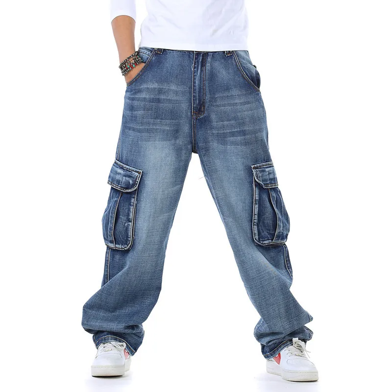 Street Fashion Guys - メンズだぶだぶのジーンズ春と秋の新ファットガイ大きいサイズのファッションマルチポケットワイドルーズジーンズメンズデニムパンツ