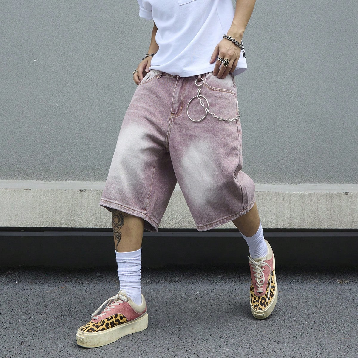 Street Fashion Baggy - メンズピンクグラデーションデニムショーツヴィンテージウォッシュバギージョーツワイドレッグストリートウェアオーバーサイズ膝丈サマーショーツY2Kファッション