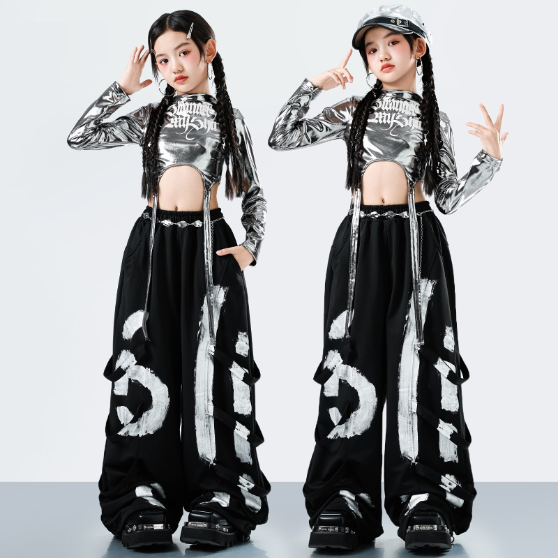 Street Fashion Baggy - 韓国 Y2K キッズストリートウェアスタイルヒップホップダンス衣装女の子ファッションジャズラッパースーツ子供ステージパフォーマンス服セット