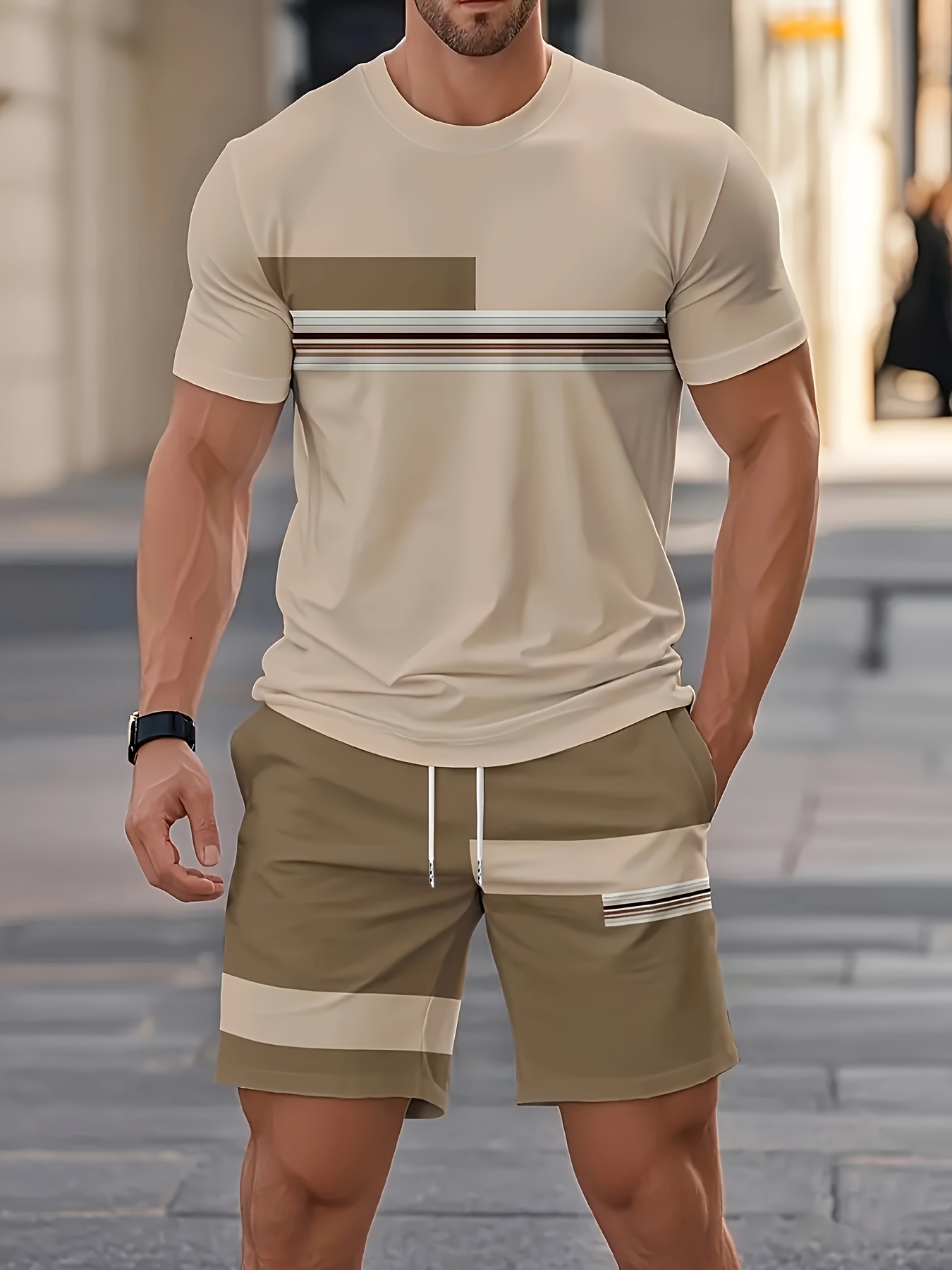 Street Fashion Outfit - 夏のメンズセットカジュアル O ネック半袖トップス + ショーツ 2