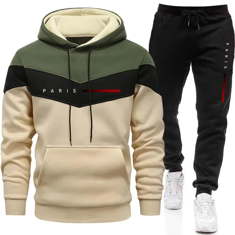 Street Fashion Male - パリファッションメンズフーディセットデイリーカジュアルスポーツフード付きスウェットシャツとジョガーパンツ男性用アーバントレンドウォームプルオーバートラックスーツ