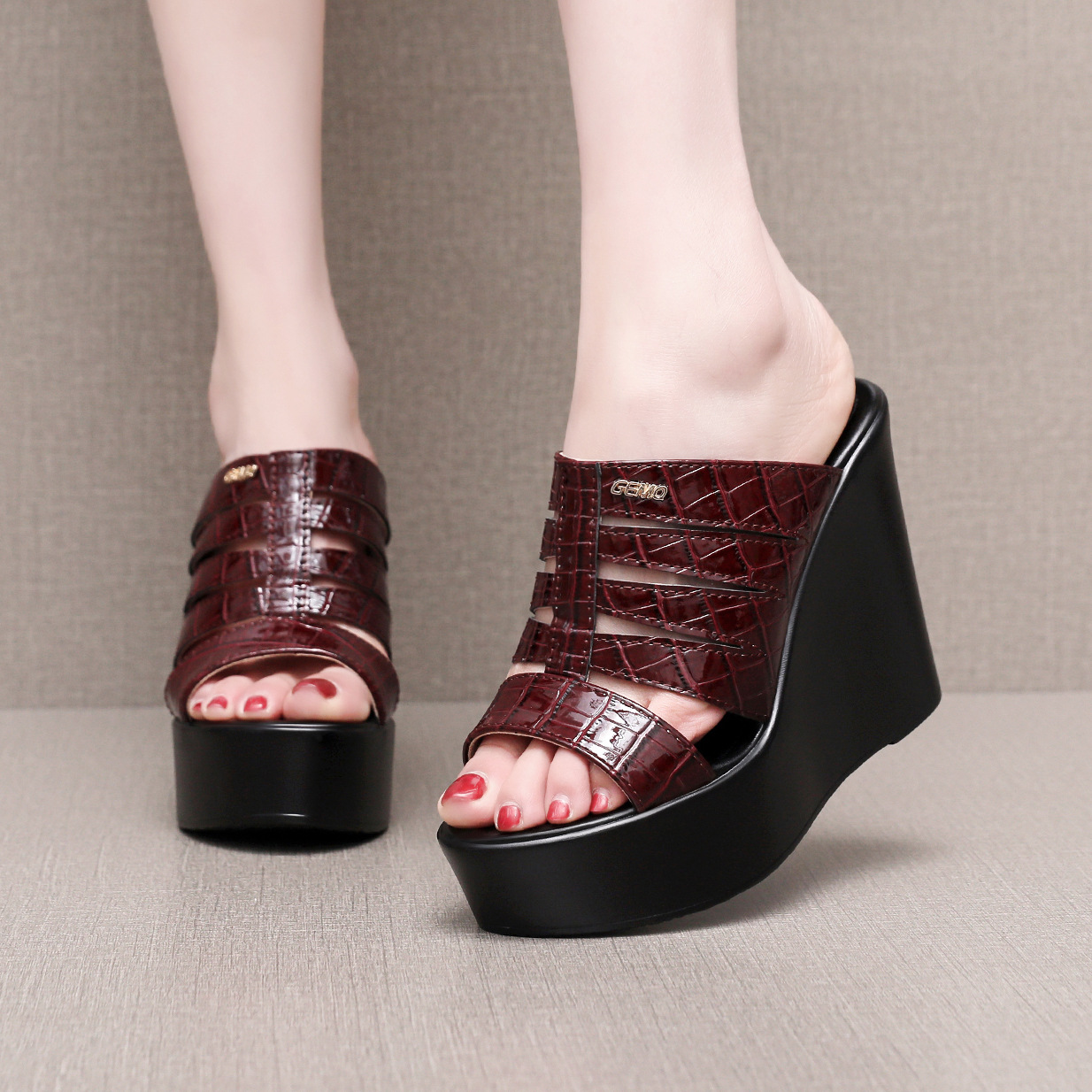 Street Fashion Clothes - 高品質サマーレザーウェッジスリッパ レディース 6cm 8cm 10cm ハイヒール