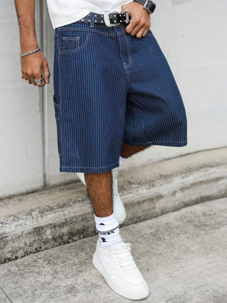 Street Fashion Baggy - ヴィンテージ ヒッコリーストライプ バギーデニムショーツ メンズ、アメカジ ワークウェア 5インチショーツ、サマーストリートウェア