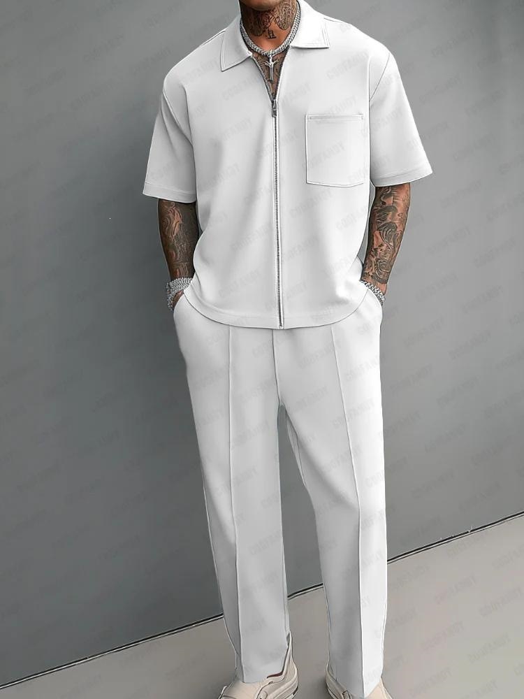 Street Fashion Male - メンズ2ピースアウトフィット、ハーフジップポロシャツ、半袖、ストレートレッグパンツセット、カジュアル無地ニットトラックスーツ、ストリートウェアスーツ
