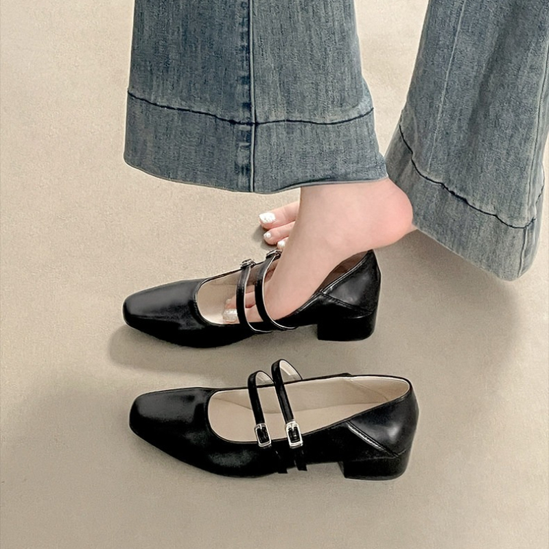 スクエアトゥローヒール女性銀色メリージェーンシューズファッシ - Street Fashion Lady のレビューと価格