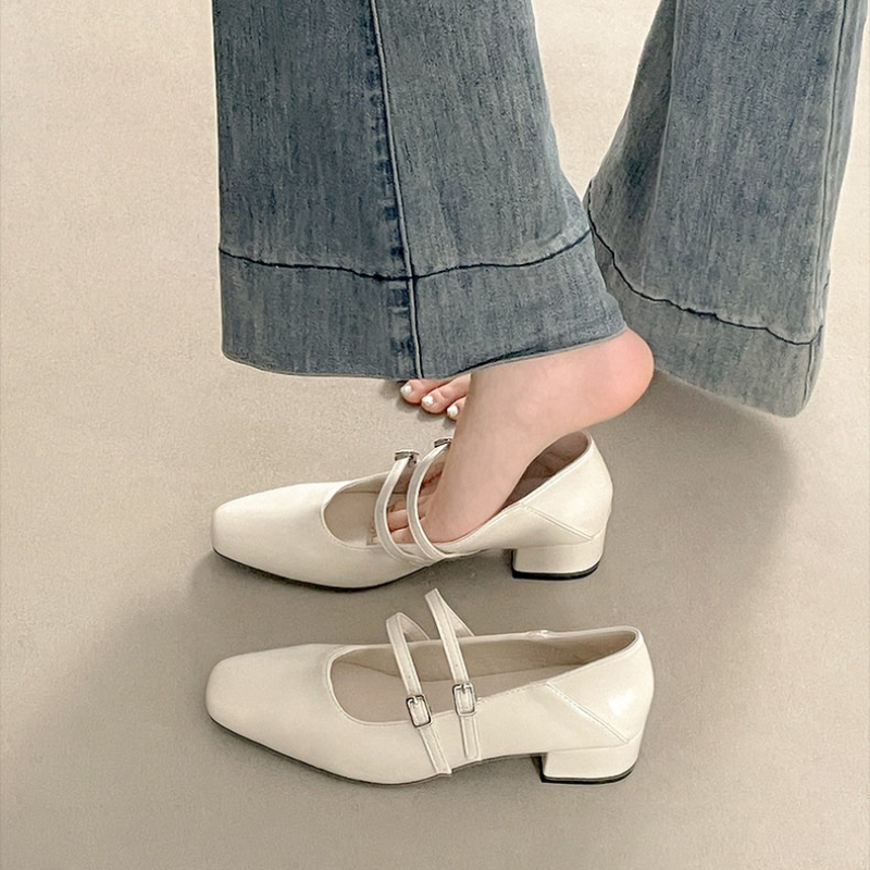 スクエアトゥローヒール女性銀色メリージェーンシューズファッシ - Street Fashion Lady のレビューと価格