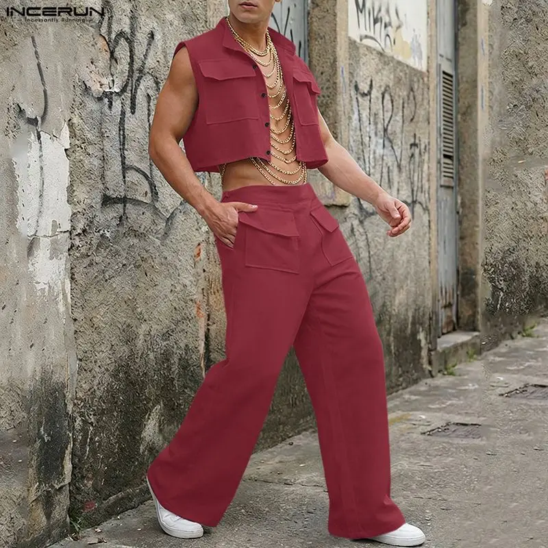 INCERUN 男性セット固体ノースリーブクロップトップスシ - Street Fashion Male のレビューと価格