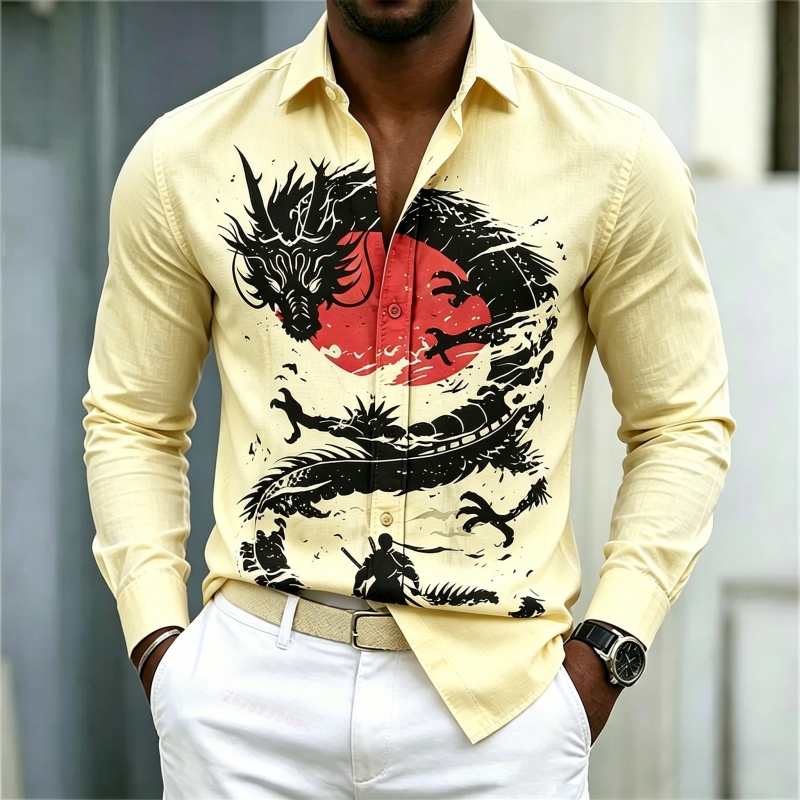 2026年新作 メンズシャツ 白黒赤のコントラスト ドラゴン - Street Fashion Male のレビューと価格