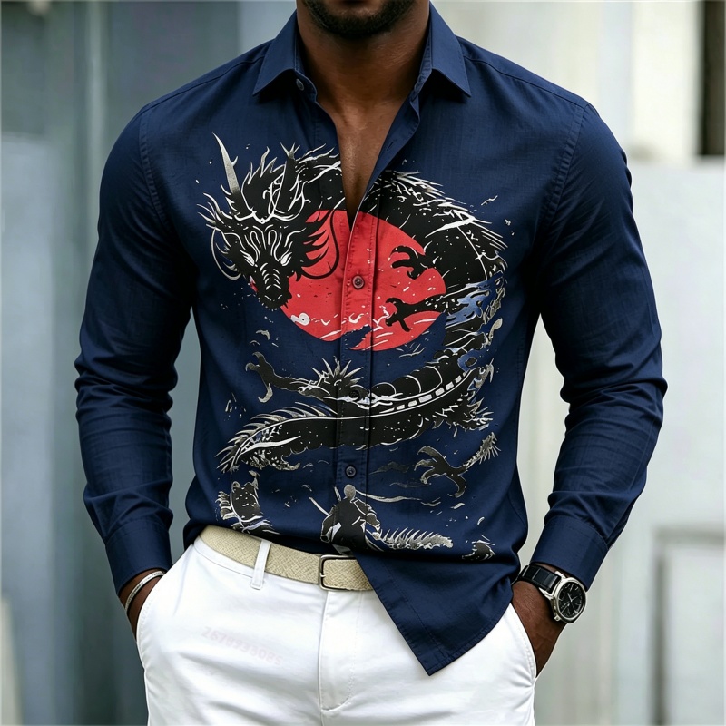 2026年新作 メンズシャツ 白黒赤のコントラスト ドラゴン - Street Fashion Male のレビューと価格