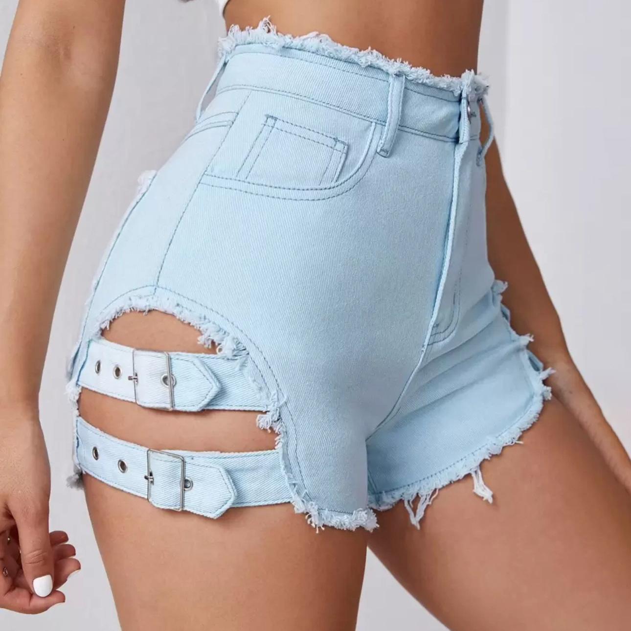 女性ハイウエストデニムショートパンツダメージ加工裾夏カジュア - Street Fashion Outfit のレビューと価格