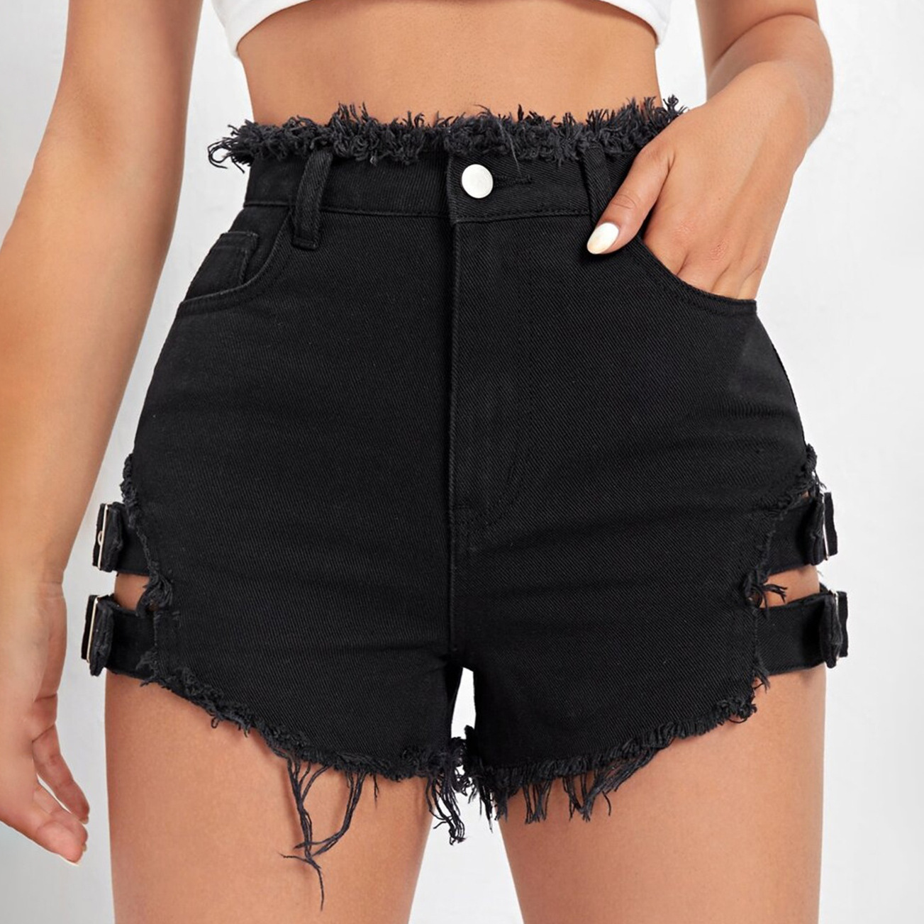 女性ハイウエストデニムショートパンツダメージ加工裾夏カジュア - Street Fashion Outfit のレビューと価格