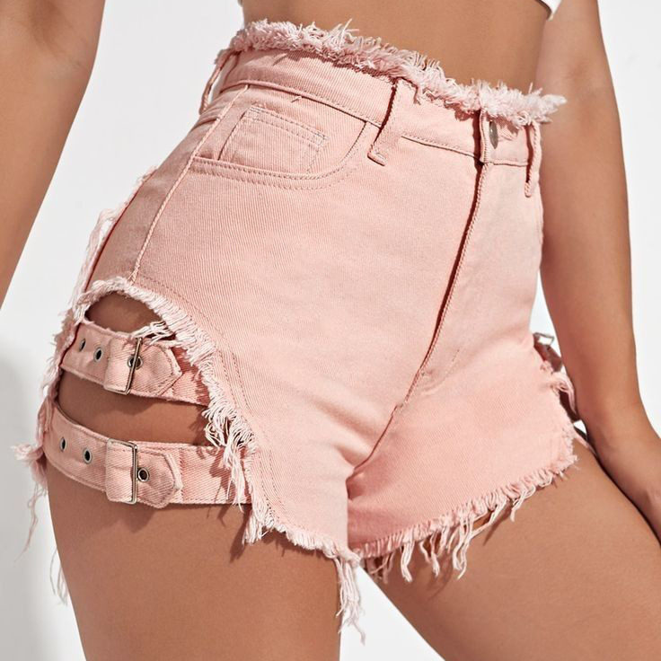 女性ハイウエストデニムショートパンツダメージ加工裾夏カジュア - Street Fashion Outfit のレビューと価格