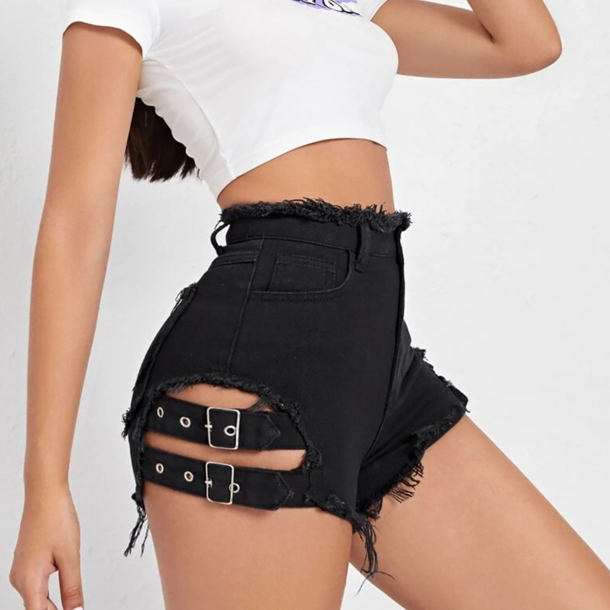 女性ハイウエストデニムショートパンツダメージ加工裾夏カジュア - Street Fashion Outfit のレビューと価格