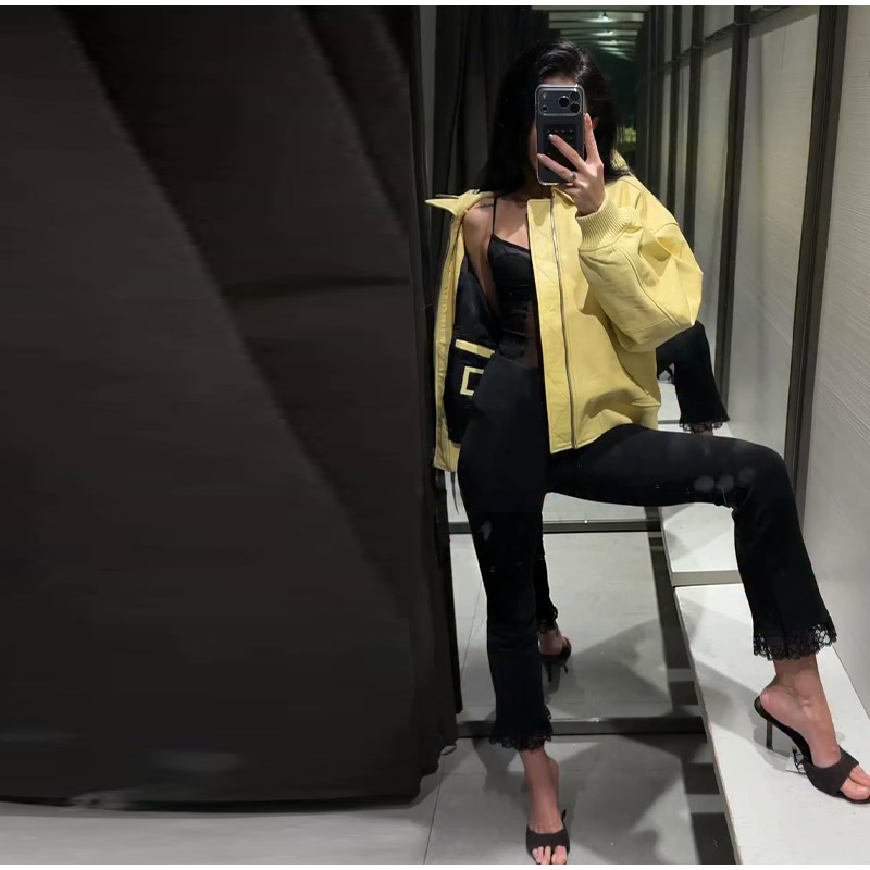 黄色のPUレザー女性用ジャケット、ヴィンテージ風ラペルジッパ - Street Fashion Baggy のレビューと価格