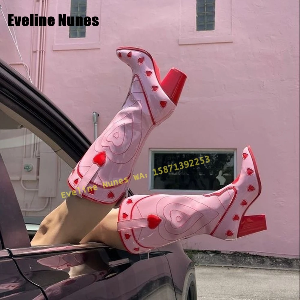 ピンクのハート型カウガールブーツ,先のとがったつま先,厚手の - Street Fashion Female のレビューと価格