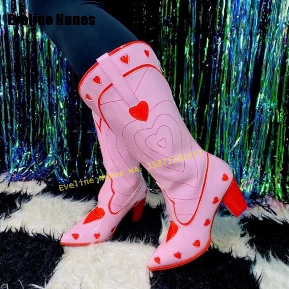 ピンクのハート型カウガールブーツ,先のとがったつま先,厚手の - Street Fashion Female のレビューと価格
