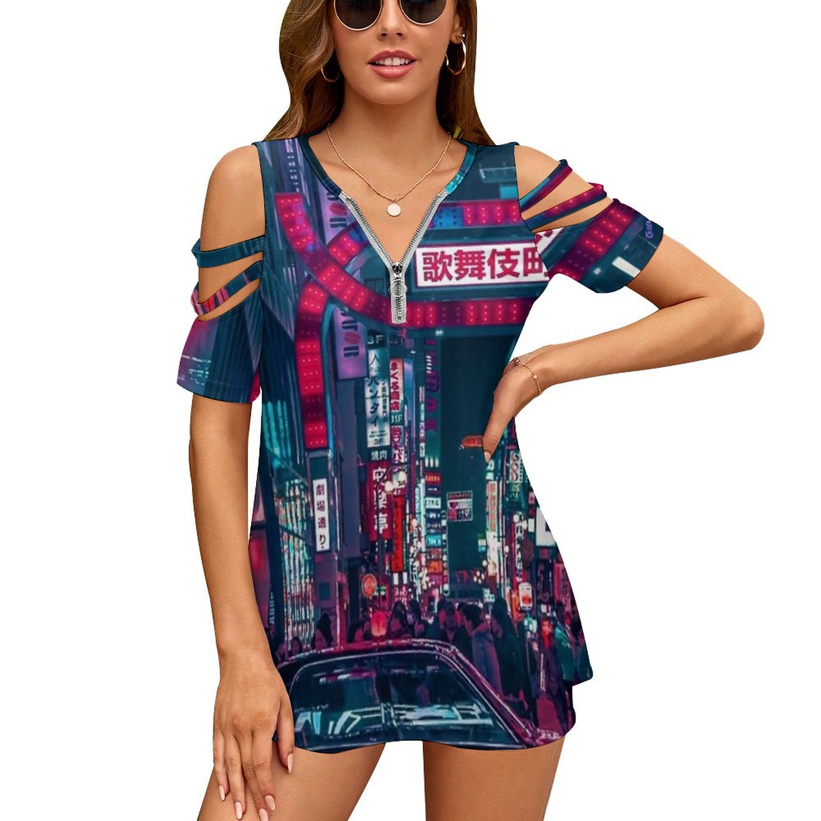 女性用東京ストリートプリントTシャツ,半袖,Vネック,ジッパ - Street Fashion Tokyo のレビューと価格