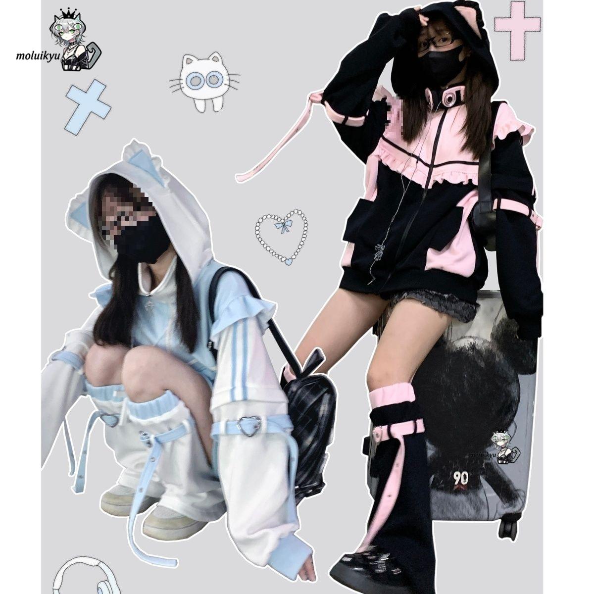 Y2K カワイイ猫耳パーカー レディース ピンク ブラック  - Street Fashion Female のレビューと価格