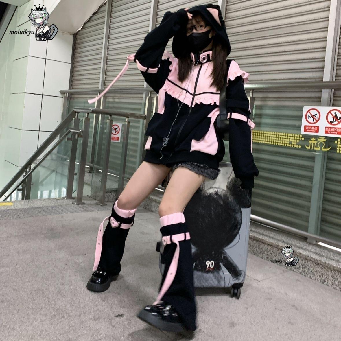 Y2K カワイイ猫耳パーカー レディース ピンク ブラック  - Street Fashion Female のレビューと価格