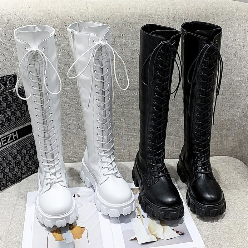 女性用ニーハイブーツ、レースアップコンバットブーツ、プラット - Street Fashion Female のレビューと価格