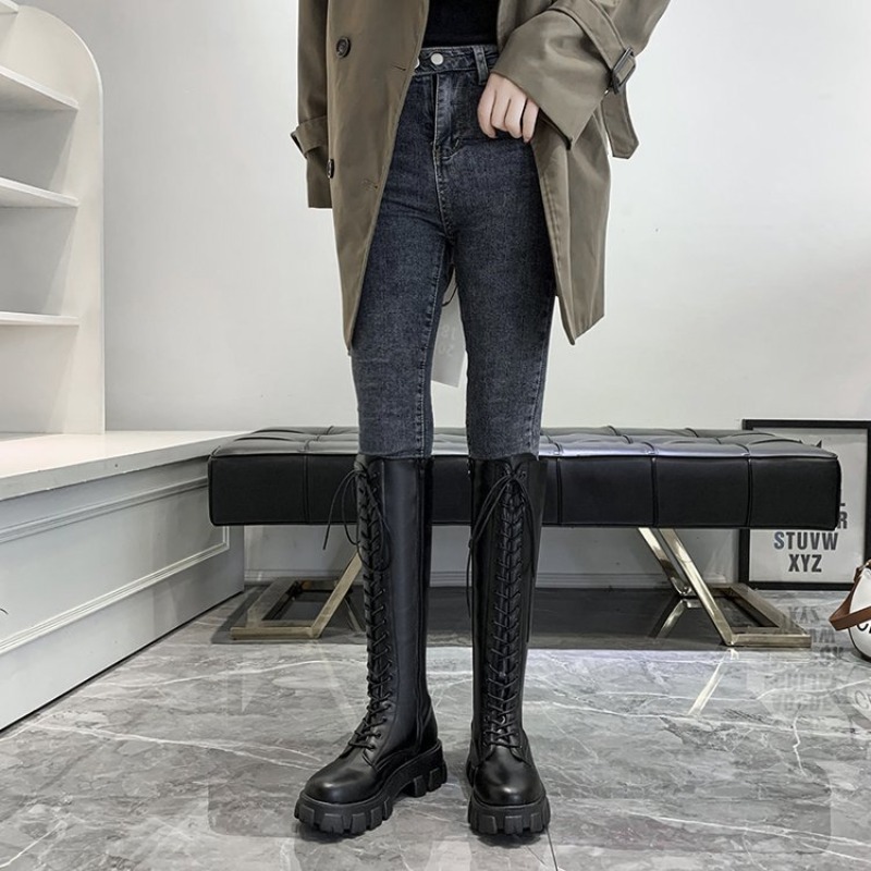 女性用ニーハイブーツ、レースアップコンバットブーツ、プラット - Street Fashion Female のレビューと価格
