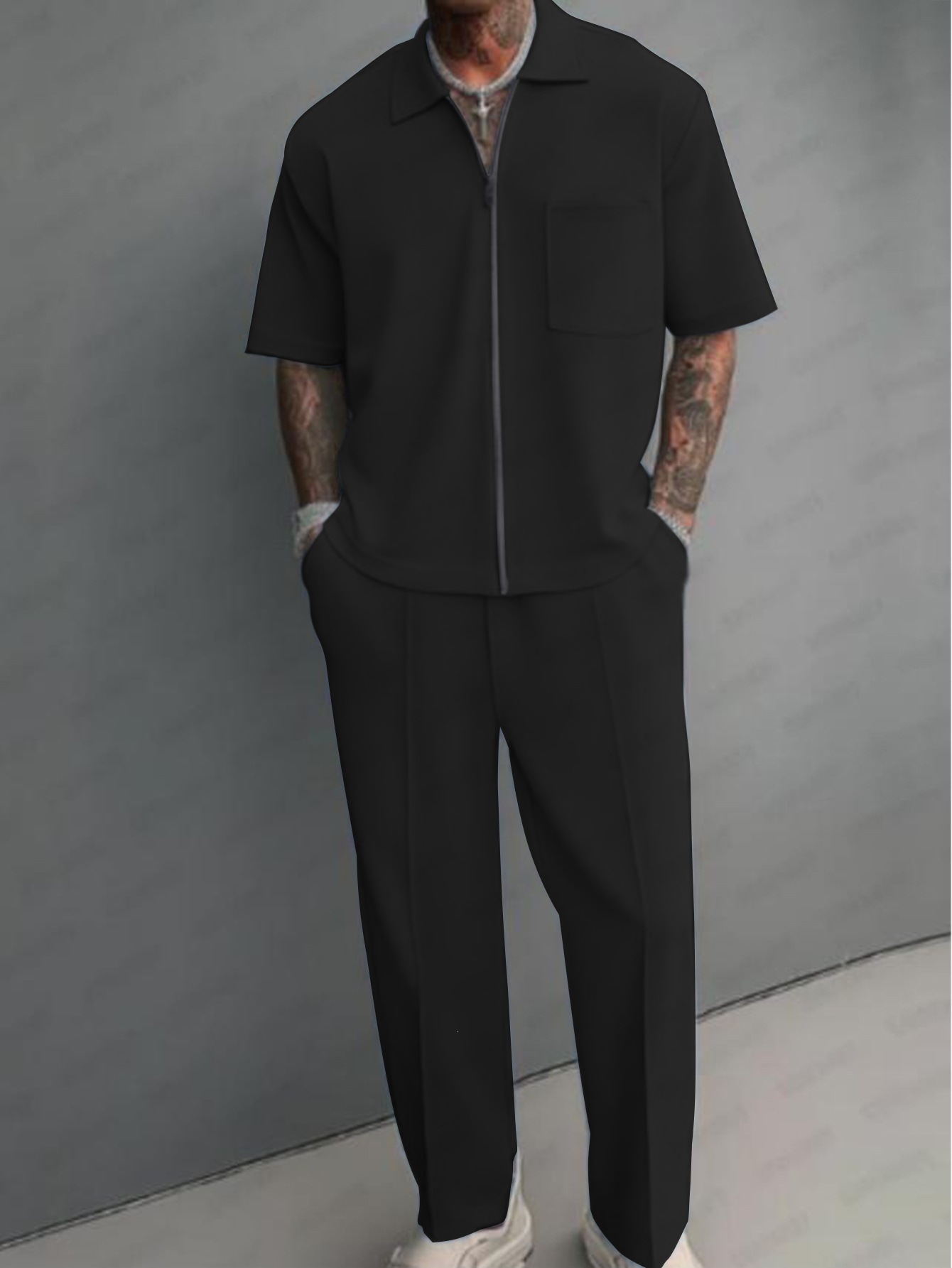 メンズ2ピースアウトフィット、ハーフジップポロシャツ、半袖、 - Street Fashion Male のレビューと価格