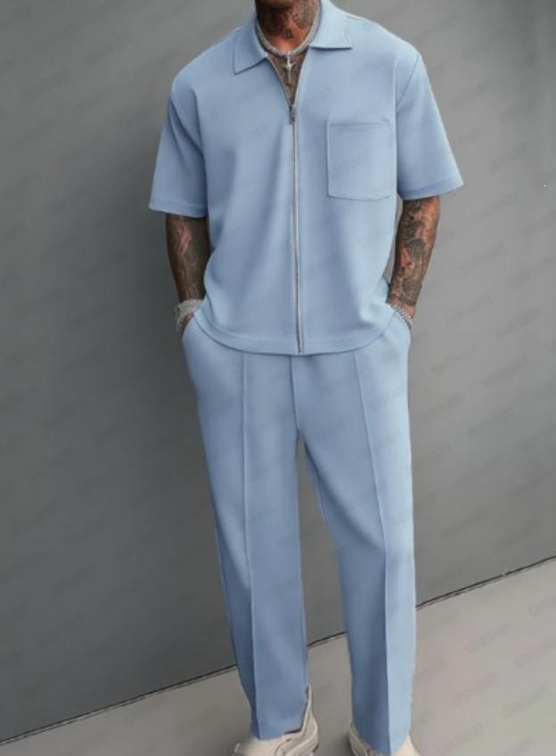 メンズ2ピースアウトフィット、ハーフジップポロシャツ、半袖、 - Street Fashion Male のレビューと価格